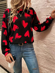Heart Print Pullover Sweatshirt Crew Neck Long Sleeve for Spring & Fall