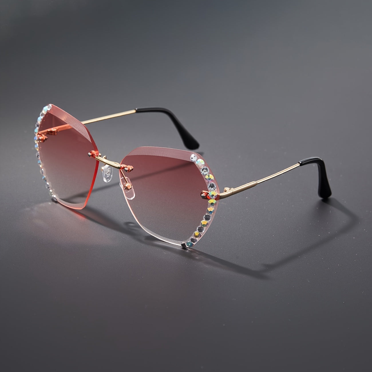 Rimless Ombre Lens Sunglasses Rhinestone Decor Glasses