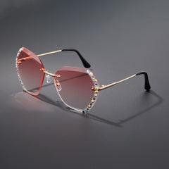 Rimless Ombre Lens Sunglasses Rhinestone Decor Glasses