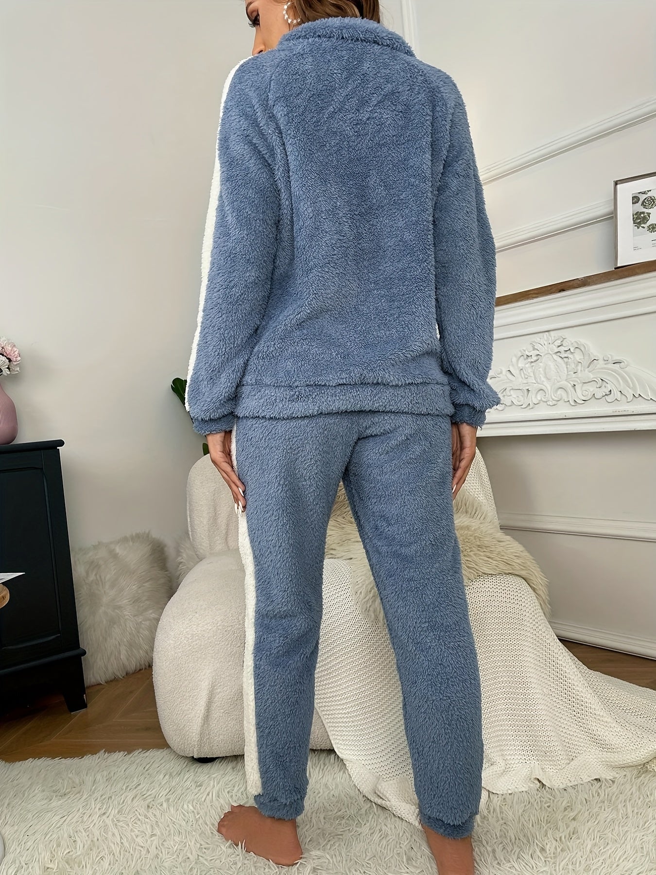 Colorblock Plush Lounge Set Zipper Top & Elastic Pants Women's Loungewear