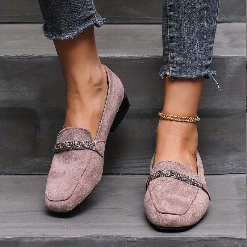Rhinestone Loafers Square Toe Soft Sole Slip On Low Heels Shoes