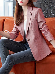 Plaid Pattern Button Front Blazer Lapel Long Sleeve For Office & Work