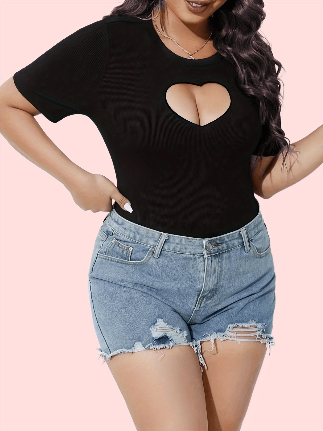 Heart Shape Hole Bodysuit Sexy Slim Crew Neck Summer Bodysuit Women's Clothing