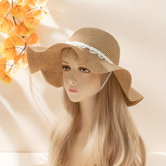 Khaki Sun Hat with Faux Pearl Decor for Women
