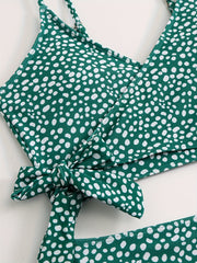 Polka Dot Bikini Set V Neck Bow Tie Spaghetti Straps High Rise