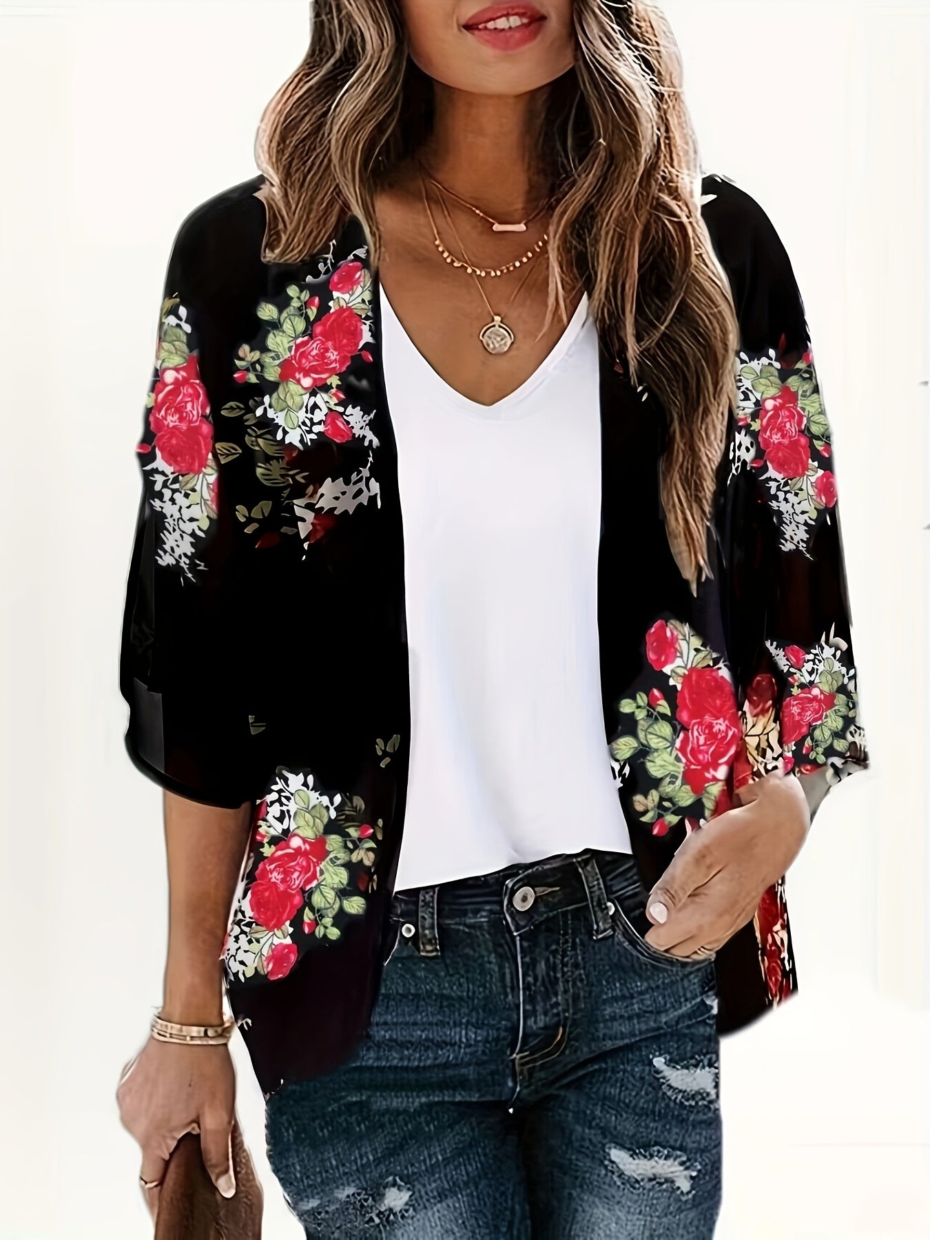 Floral Print Open Front Chiffon Cardigan Cover Up Loose Fit 3/4 Sleeve