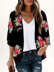Floral Print Open Front Chiffon Cardigan Cover Up Loose Fit 3/4 Sleeve
