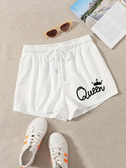Queen Letter Print Hotpants Drawstring Waist Shorts