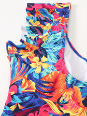 Floral Print V Neck Ruffle Trim One Piece Bathing Suit