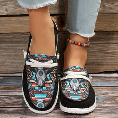 Cow Head & Leopard Print Canvas Loafers Women's Casual Flat Sneakers