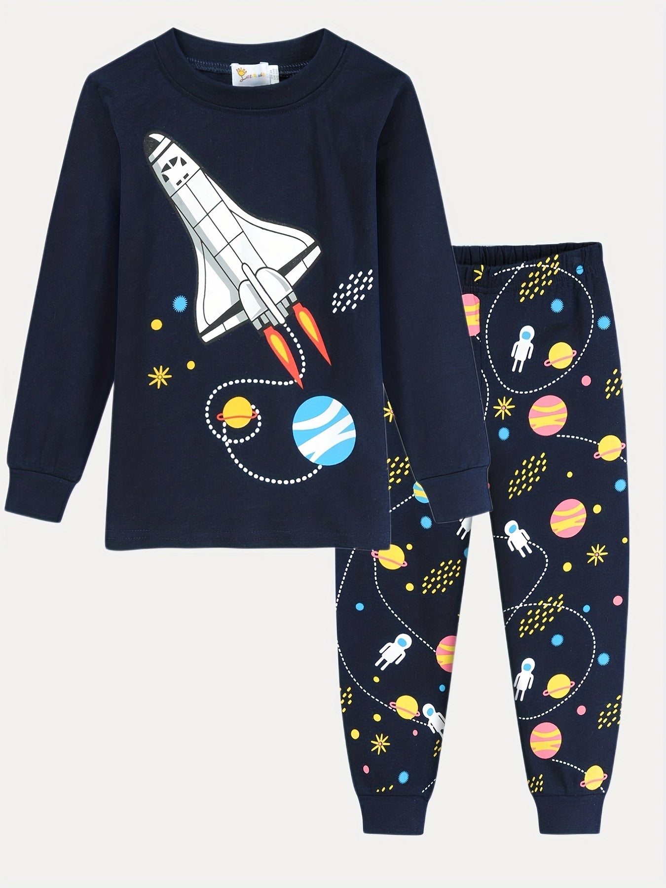 Boys Rocket Space Print Pajama Set Long Sleeve Top & Pants