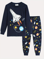 Boys Rocket Space Print Pajama Set Long Sleeve Top & Pants