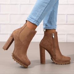 Comfy Block Heel Ankle Boots with Zipper
