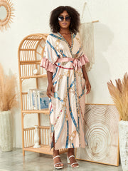 Boho Kimono Women's Plus Floral Print Ruffle Trim Open Front Kimono