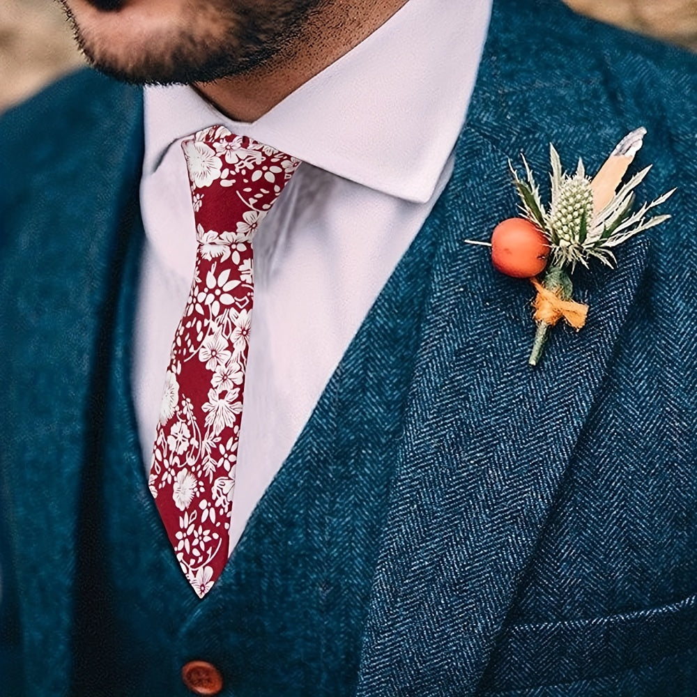 Men's Cotton Floral Neck Tie Skinny Tie for Weddings Groom Groomsmen