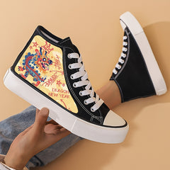 Dragon Print Flat Heighten Chunky Canvas Sneakers