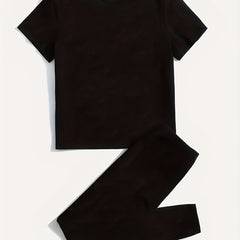 Solid Casual Two piece Set Crew Neck Short Sleeve T shirt & High Waist Pants