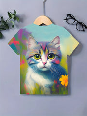 Sweet Flower Kitty Graphic Short Sleeve T shirt Girls Summer Tops