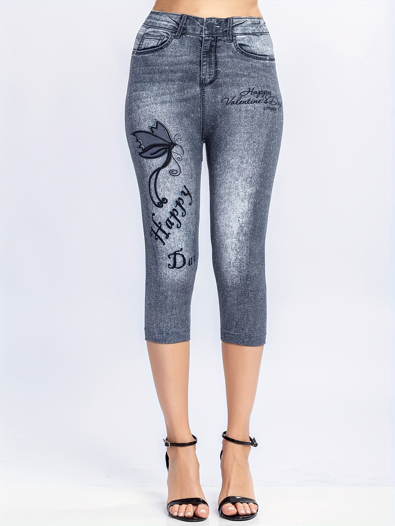 Denim & Butterfly Print Leggings Casual Skinny High Waist Women's Clothing