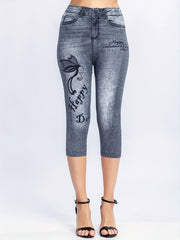 Denim & Butterfly Print Leggings Casual Skinny High Waist Women's Clothing