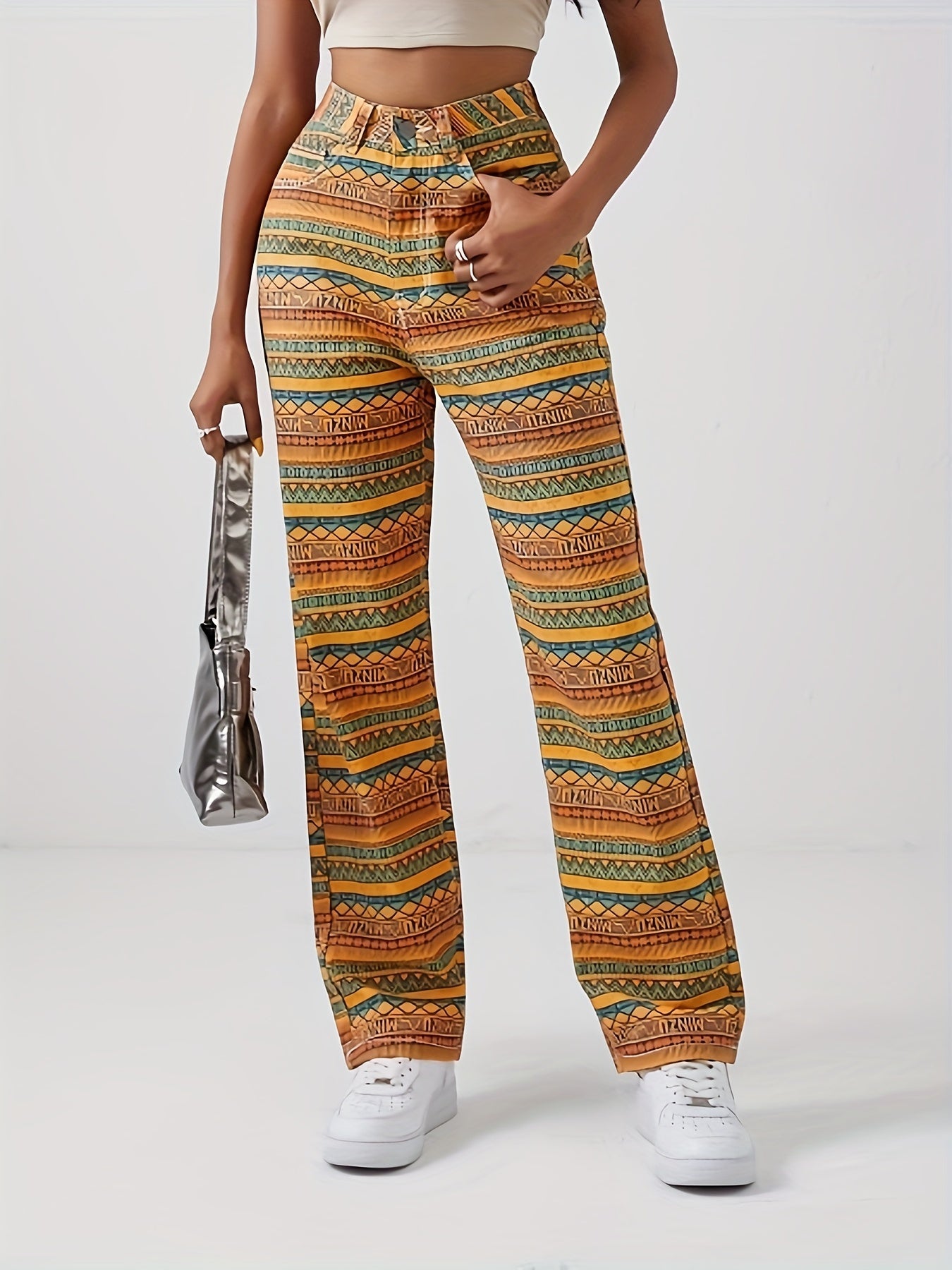 Geometric Striped Print Straight Jeans Loose Fit Non Stretch
