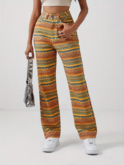 Geometric Striped Print Straight Jeans Loose Fit Non Stretch