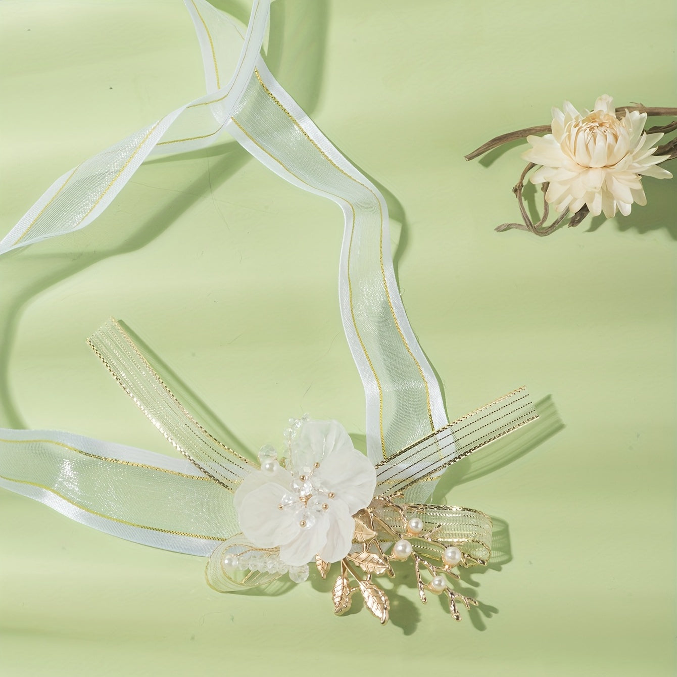 Mesh Bow Streamer Wristband Resin Flower Faux Pearl Crystal