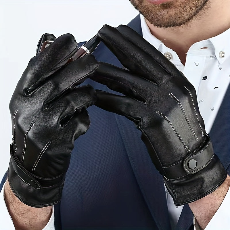 Men's Winter Leather Plus Velvet Touch Screen Gloves Waterproof Windproof