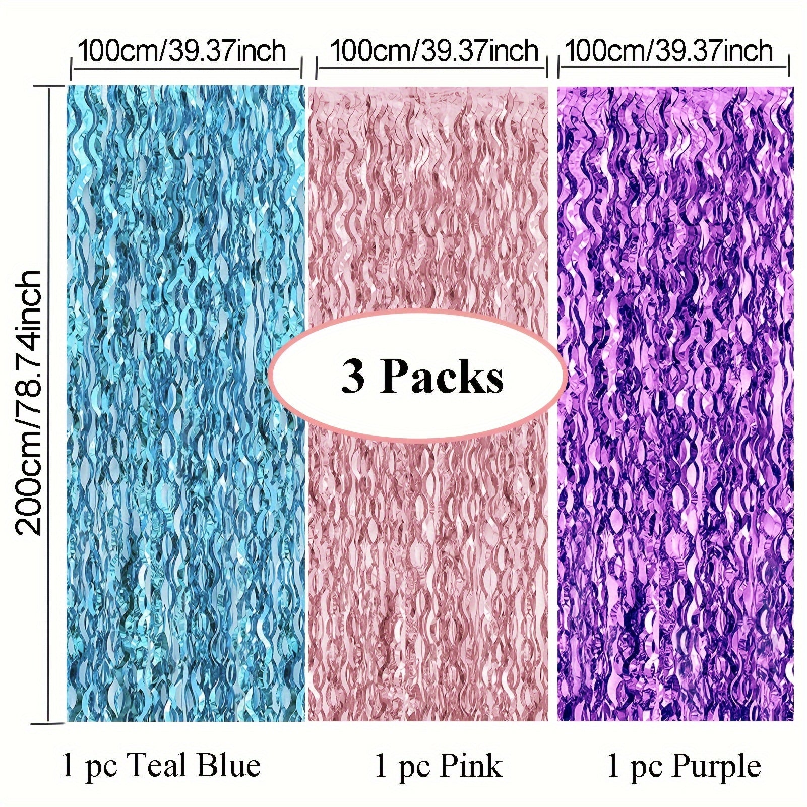 3pcs Metallic Teal Purple Fringe Curtains Party Decorations