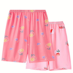 2 Pack Women's Plus Lemon & Strawberry & Turnip Print Elastic Waist Shorts Set