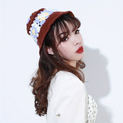 Vintage Flower Crochet Bucket Hat Block Knitted Cloche Hat