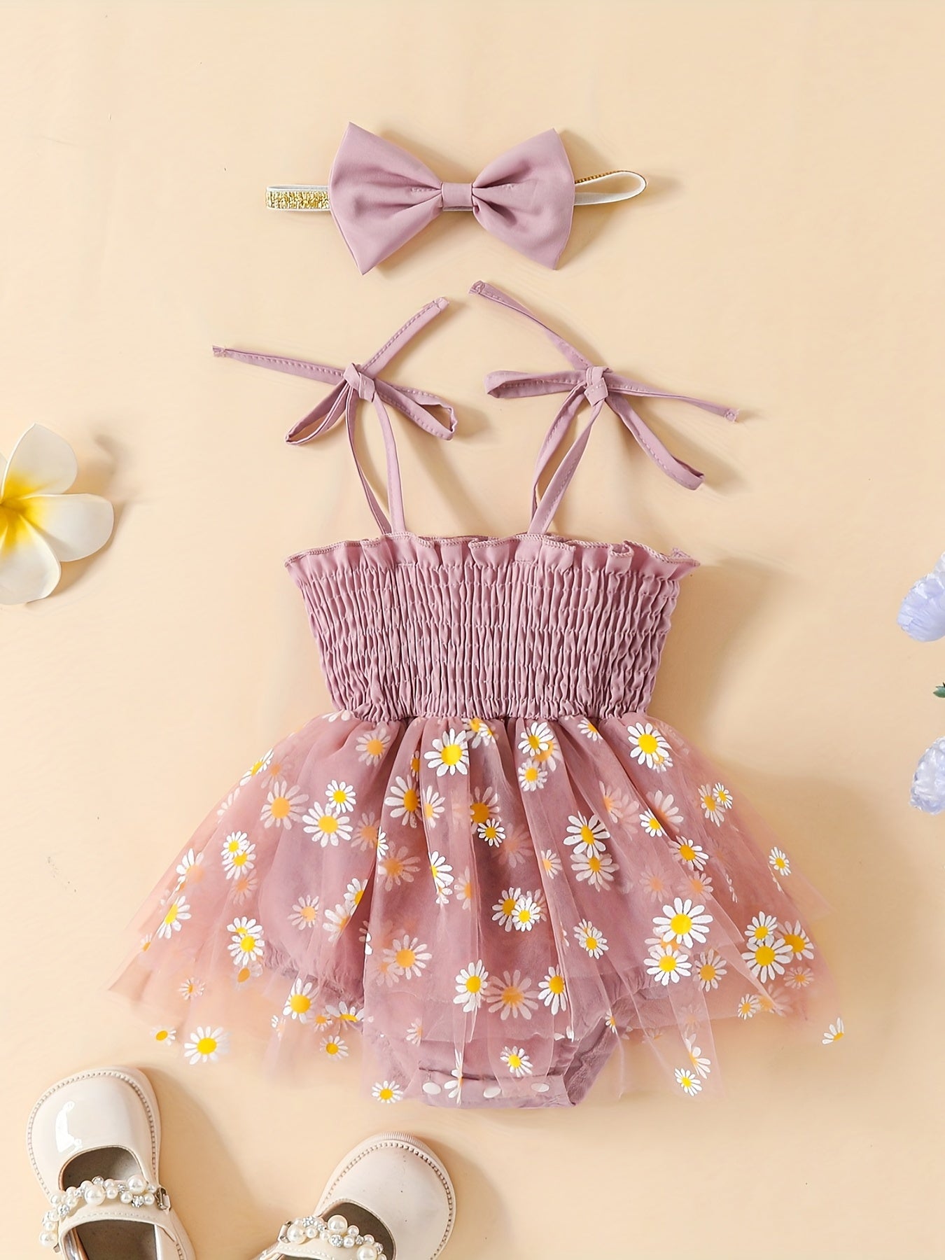 Baby Girls Shirred Mesh Onesie Dress & Headband Set