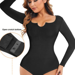 Seamless Solid Shaping Bodysuit Long Sleeve Tummy Control Slimming Body Shaper