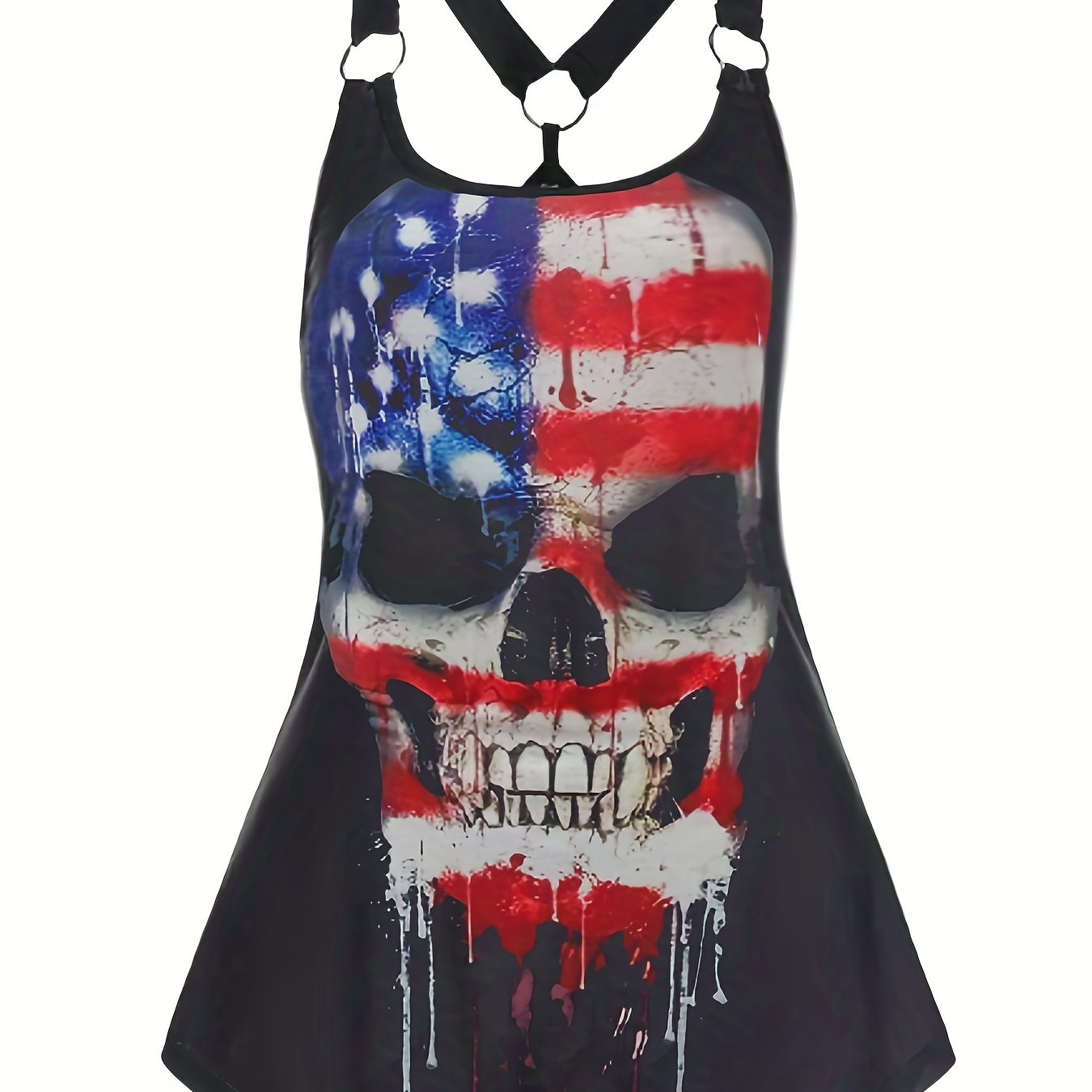 Halloween Casual Cami Dress Women's Plus Skull & Flag Print Ring Decor