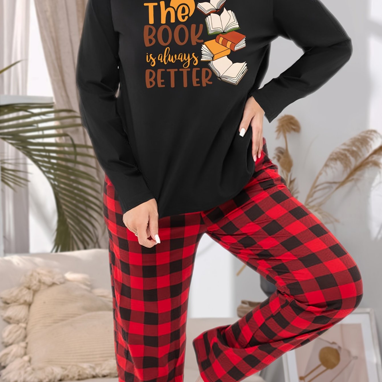 Casual Pajama Set Women's Plus Books & Slogan Print Tee