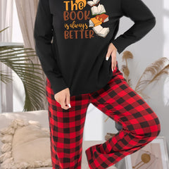 Casual Pajama Set Women's Plus Books & Slogan Print Tee