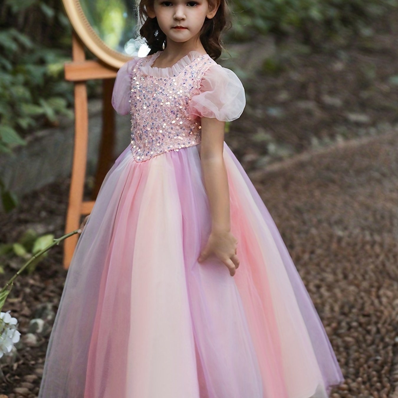 Sequins Princess Dress Puff Sleeves Fit Flare Girls Birthday Show