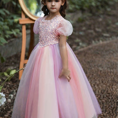 Sequins Princess Dress Puff Sleeves Fit Flare Girls Birthday Show