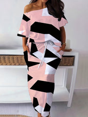 Women's Plus Size Colorblock Geometric Print Top & Skirt Set