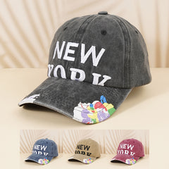 Distressed Baseball Cap York Embroidery Print Adjustable Sun Hat