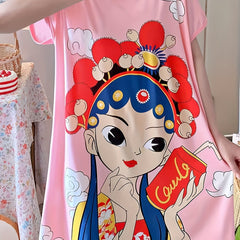 Cartoon Print Loose Sleep Dress & Short Sleeve Women's Loungewear