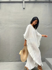 Solid V Neck Ruffle Trim Maxi Split Cover Up