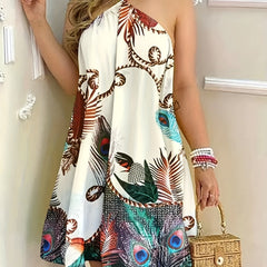 Graphic Print Backless Halter Neck Mini Dress