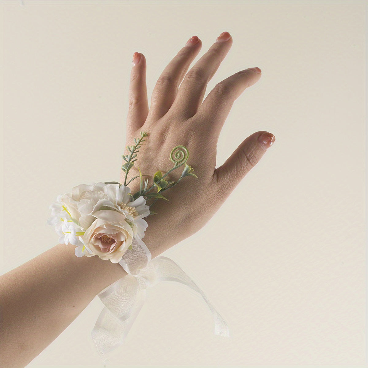 Polyester Beige Strap Wrist Flower For Women Bride Girls