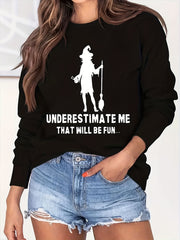 Halloween Witch Print Sweatshirt Casual Long Sleeve Crew Neck Women's Clothing