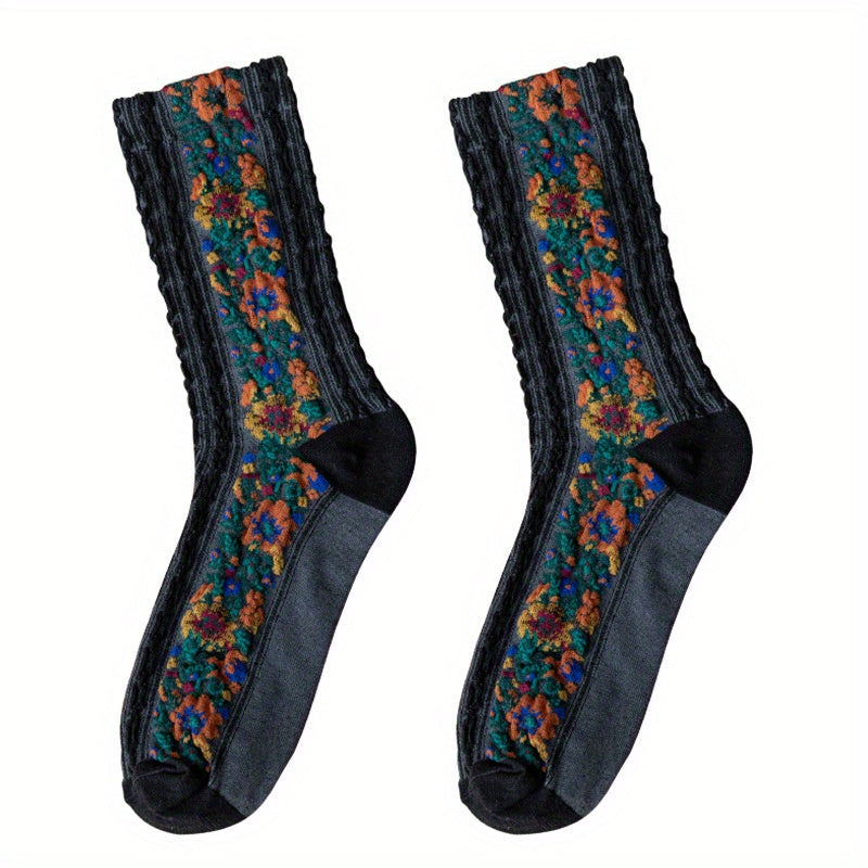Floral Print Mid Tube Socks Retro Ethnic Style Women's Stockings