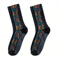 Floral Print Mid Tube Socks Retro Ethnic Style Women's Stockings