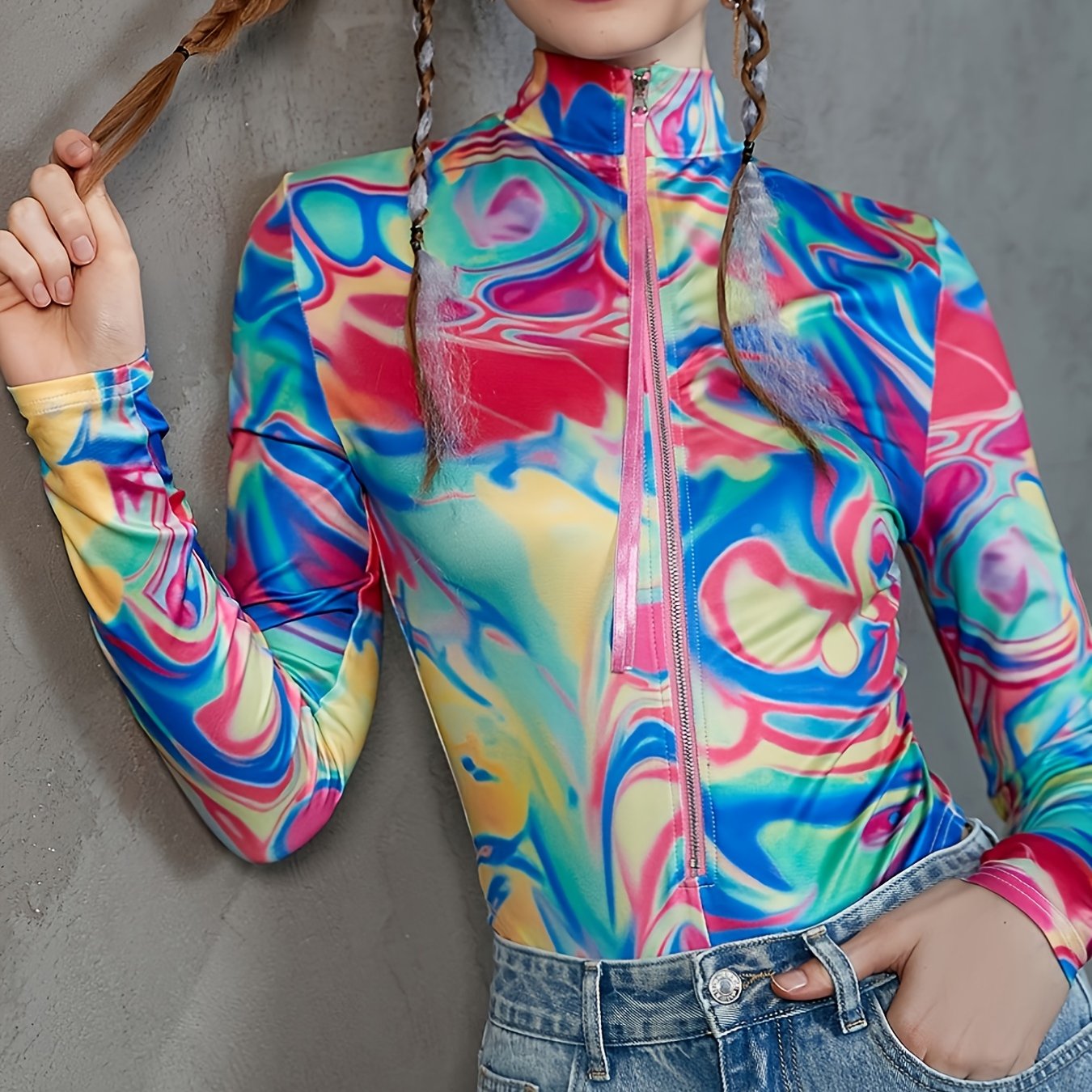 Print Zip Up Bodysuit Sexy Long Sleeve One Piece Women's Clothing