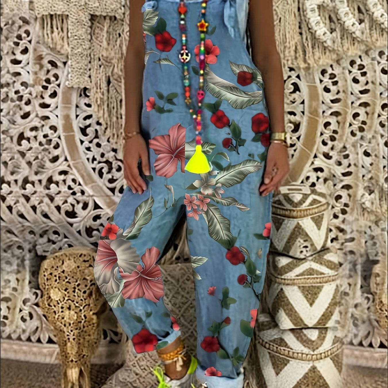 Plant Print Tie Front Jumpsuit Tank Jumpsuit For Spring & Summer