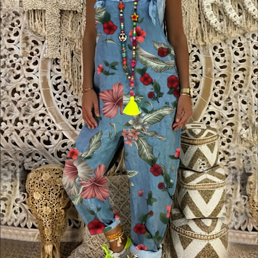 Plant Print Tie Front Jumpsuit Tank Jumpsuit For Spring & Summer